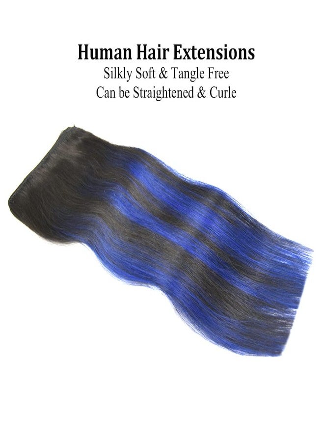 Winsky 16" Clip in Hair Extensions Remy Human Hair Blue Balayage for Women - Silky Straight 100% Real Human Hair 55grams 4pieces #(1B/Blue) T1B Color - Image 5